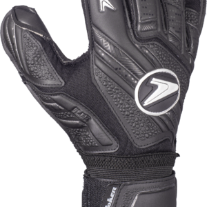 Front view of Poker Eclipse goalkeeper gloves in black with Hybrid Fusion Cut and German latex palm