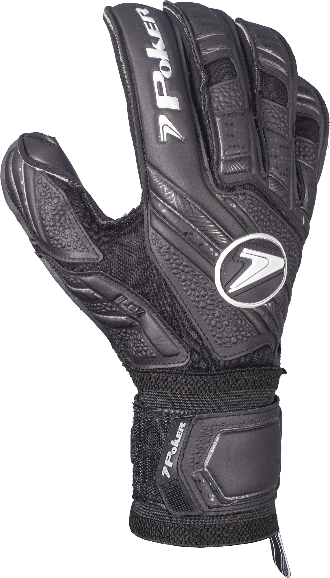 Front view of Poker Eclipse goalkeeper gloves in black with Hybrid Fusion Cut and German latex palm