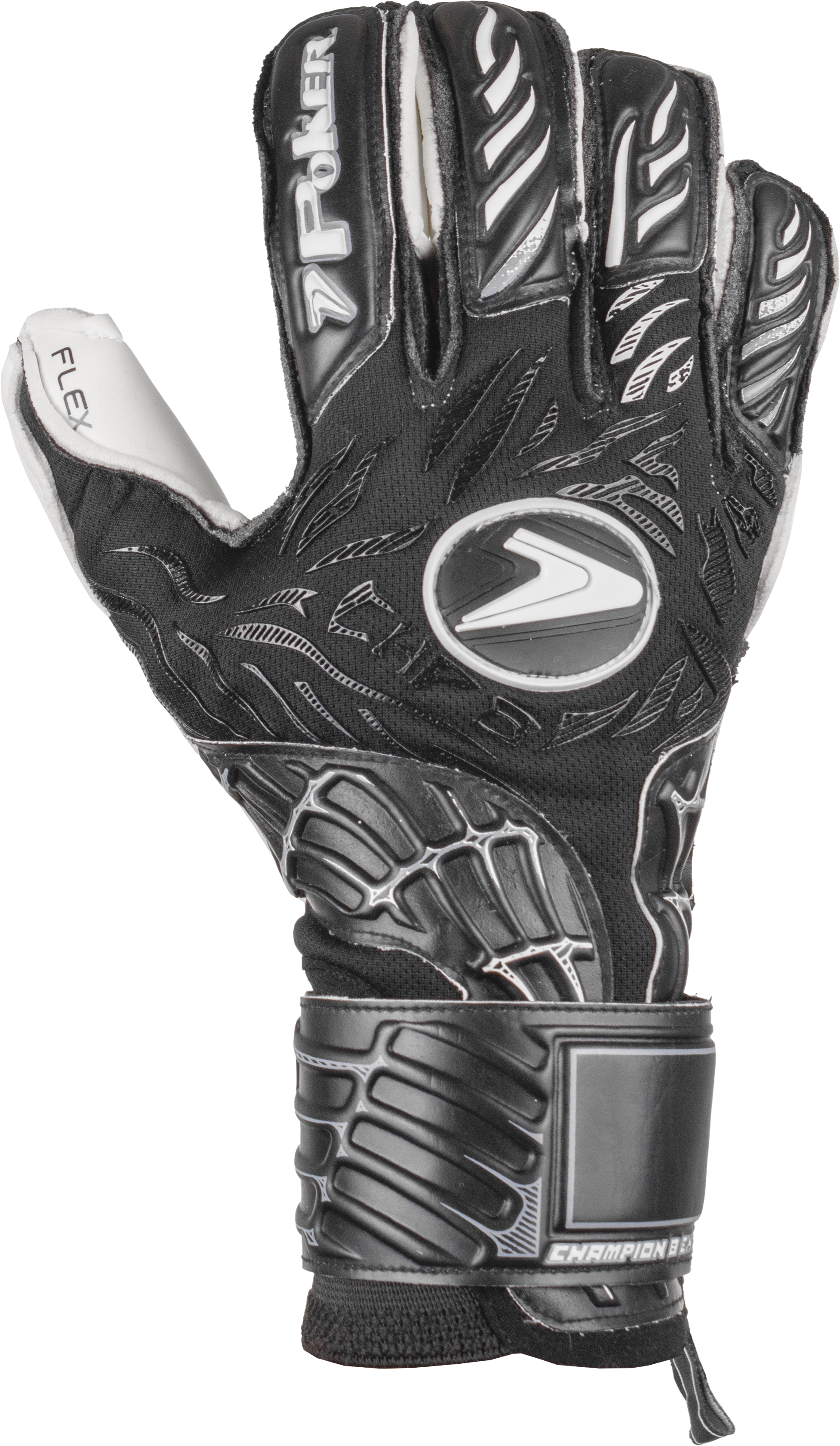 Front view of Poker Champion 8 goalkeeper gloves with white body and gold accents
