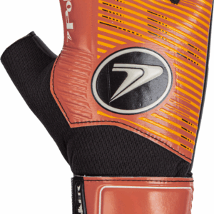 Poker Futsal Training Neo fingerless goalkeeper glove in red and black with orange-yellow detailing.