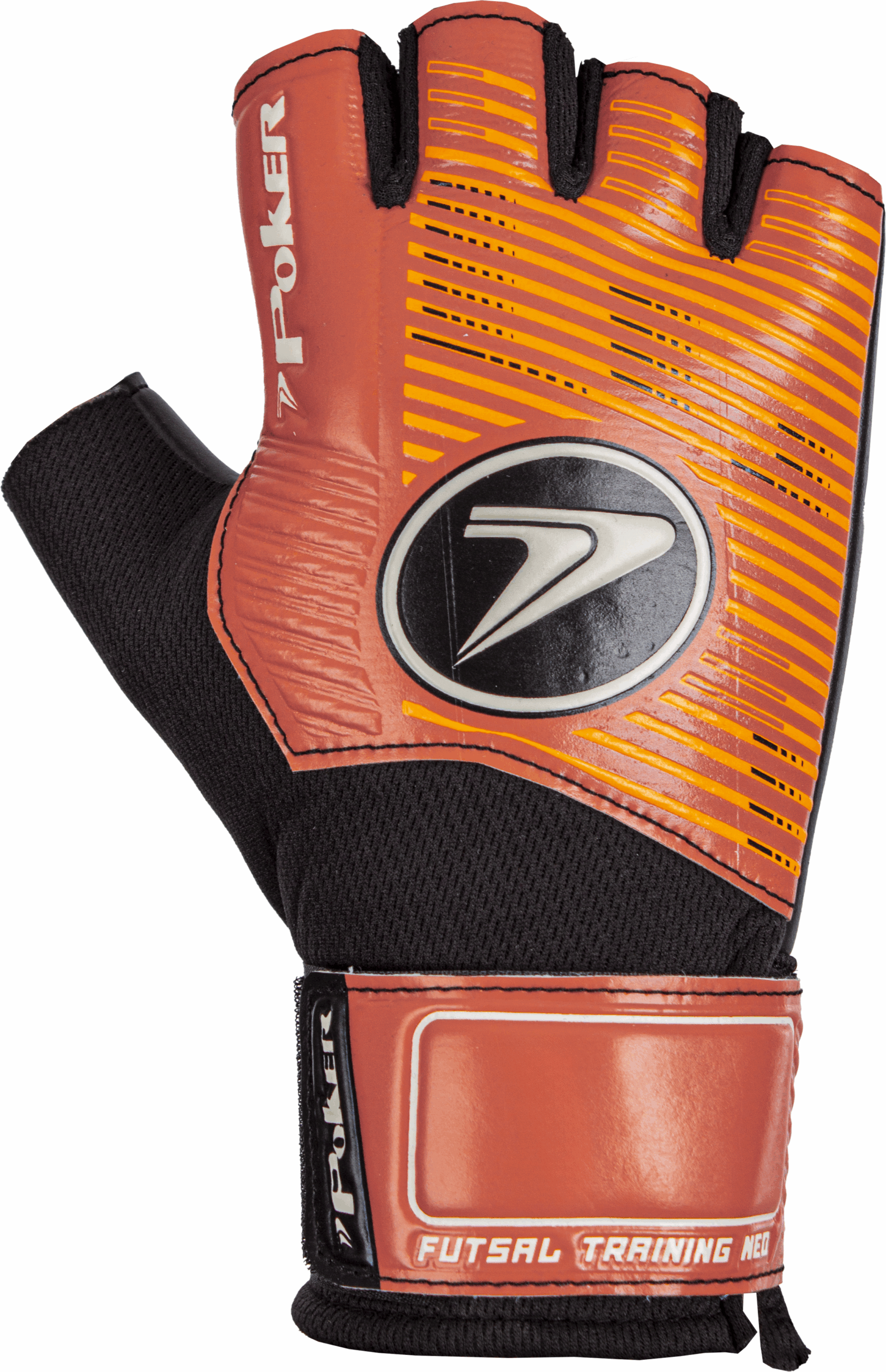 Poker Futsal Training Neo fingerless goalkeeper glove in red and black with orange-yellow detailing.