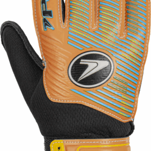 Backhand view of Poker Neo Training JR goalkeeper glove in orange with blue and yellow accents.