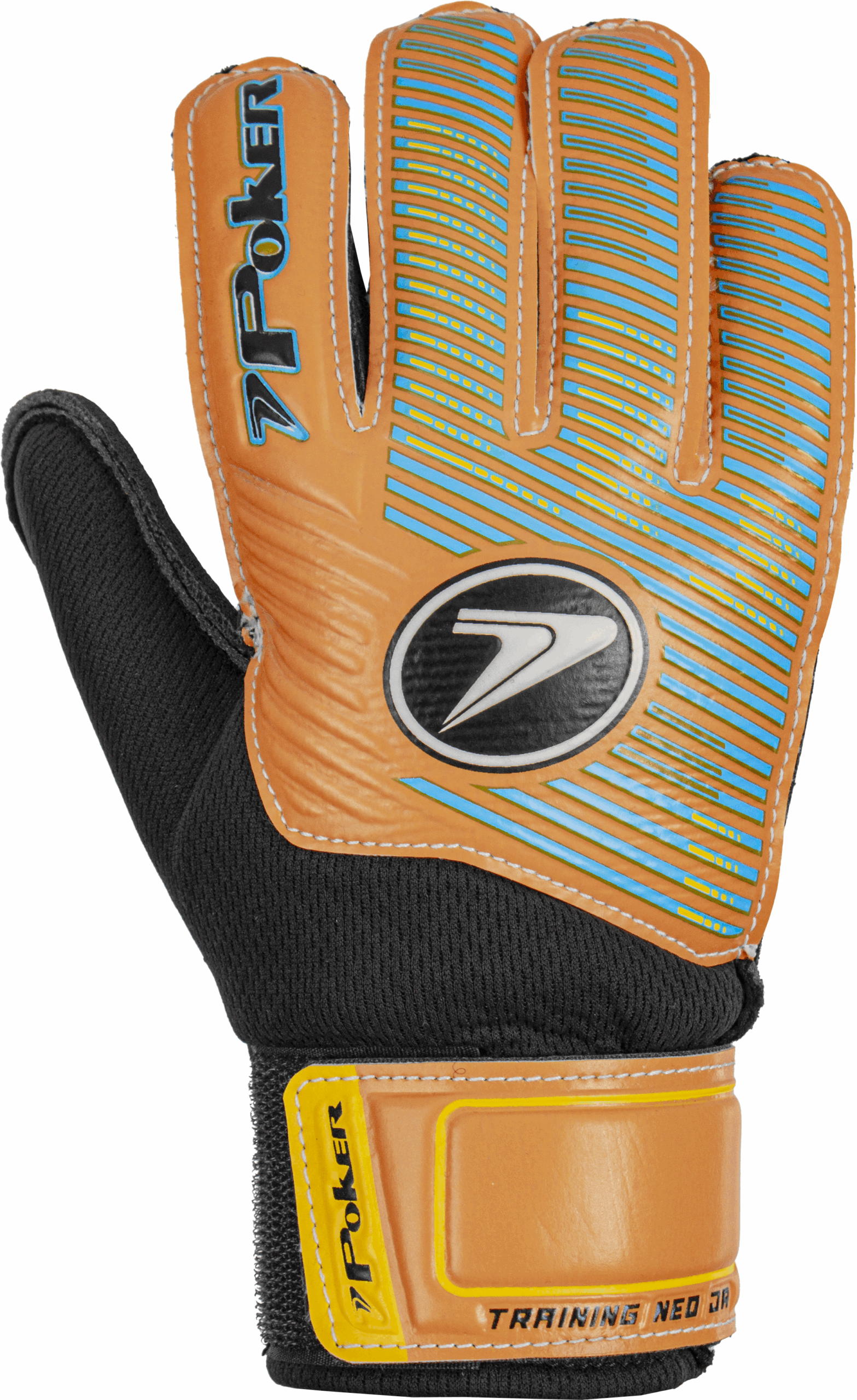 Backhand view of Poker Neo Training JR goalkeeper glove in orange with blue and yellow accents.