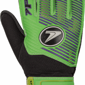 Green and black Poker Neo Training JR goalkeeper glove for kids with purple accents and adjustable wrist strap.