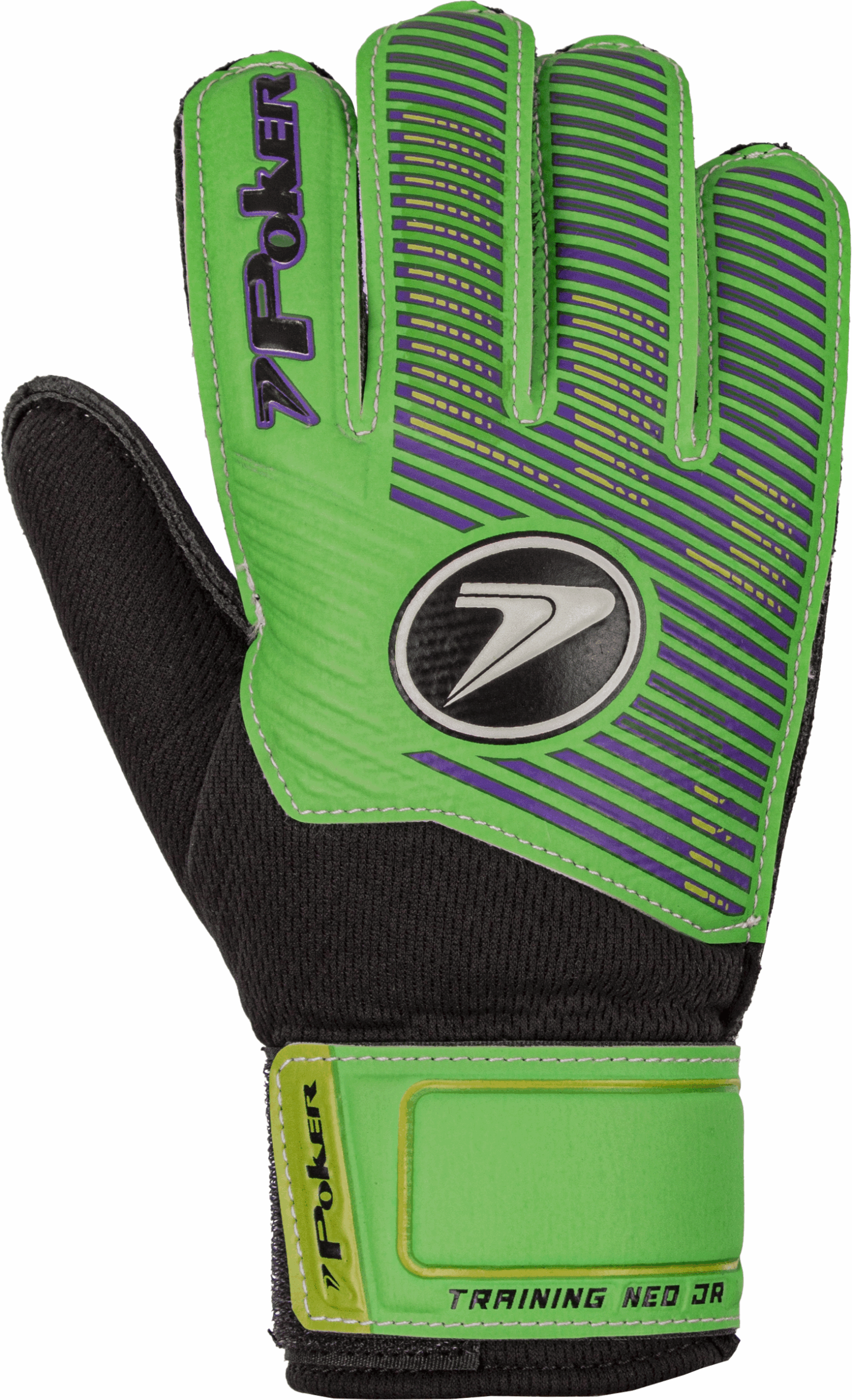 Green and black Poker Neo Training JR goalkeeper glove for kids with purple accents and adjustable wrist strap.